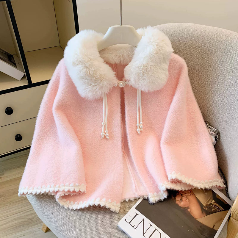 Plush Lolita Winter Capes - Assorted Styles — Pink Faux-Mink-Plush Lace-Trim Cape - Flagship Version