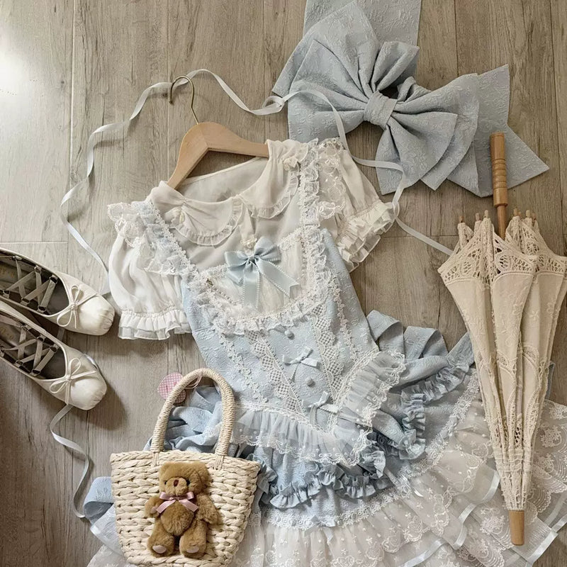 Lady Han Ballet Dream Lolita JSK dress featuring a floral print and bows, displayed on a hanger against a neutral background.