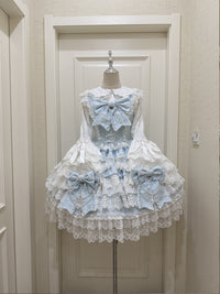 Hanguliang - Cross Heart Knot - Sweet Lolita JSK Suit Tiered Ruffles Dress, Lace Blouse - Blue JSK Only / S