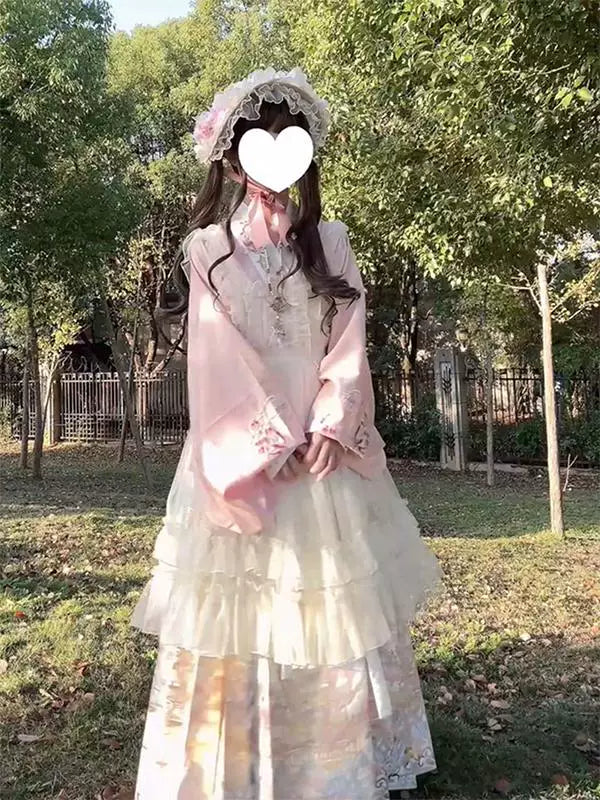 Creamy - Ming Garden - Pink Cross-Collar Top and Mamian Skirt Set