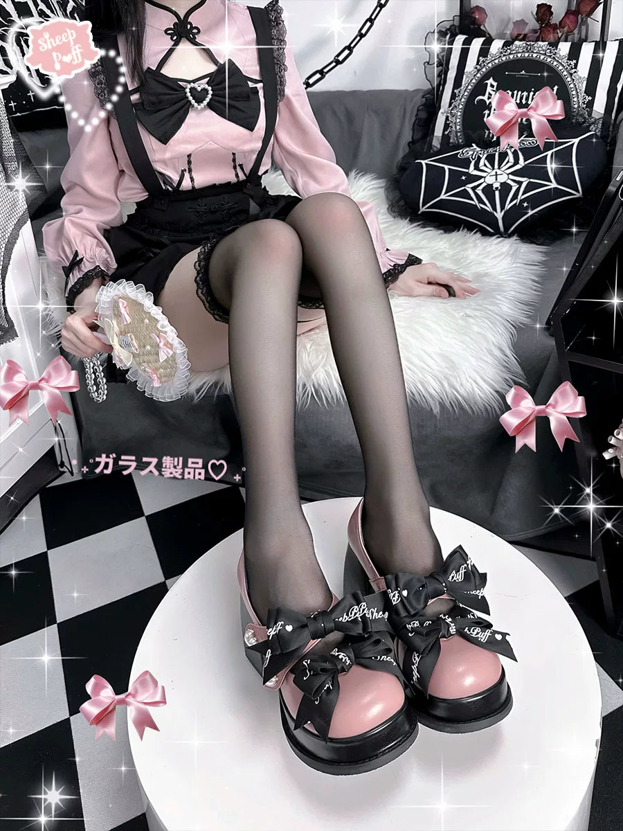 Sheep Puff Devil Lace Lolita heels featuring black lace, red devil horns, and a cute, gothic-inspired design.