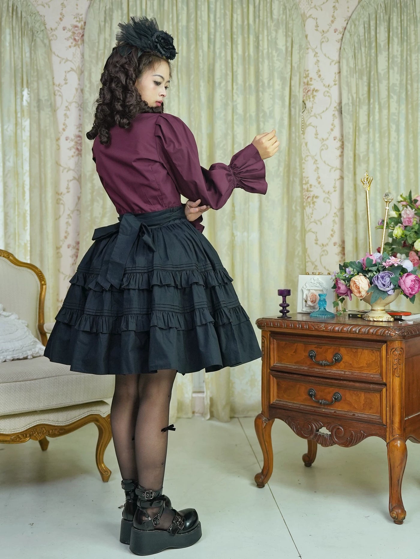 LACE GARDEN - Dark Chamber Rose - 360-Degree Full-Circle Ruffle Skirt