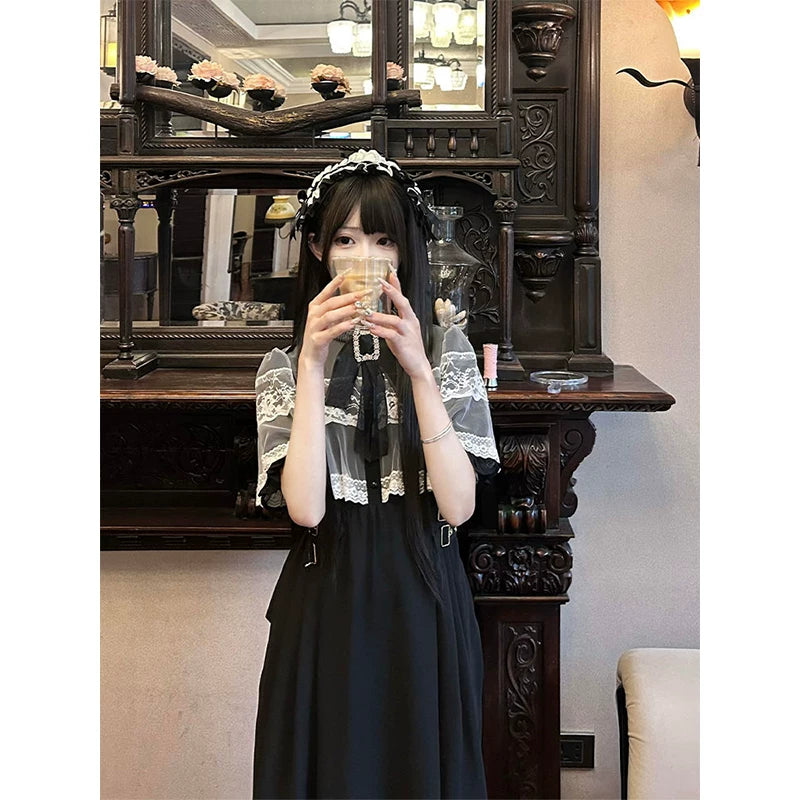 Creamy - Gothic Lolita Midi Dress - Black short-sleeved Lolita dress
