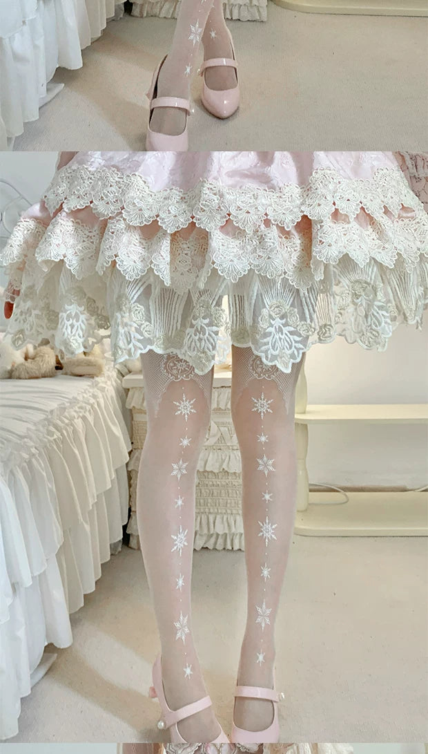 roji roji - Snowflake - Printed Pantyhose with White Snowflake Motifs