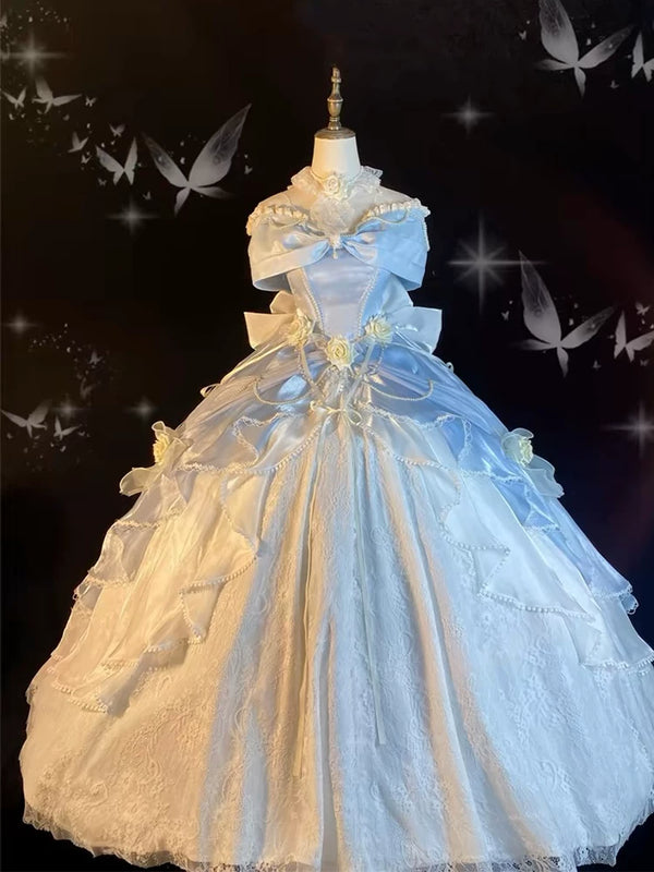 Flora Muse - Rose Encounter Lolita Ball Gown - Blue off-shoulder