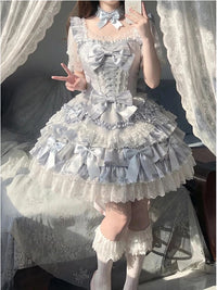 Creamy - Blue Ballet Cake - Lolita dress with layered lace ruffles - Blue skirt + train + inner garment + 6 bows + 2 heart-shaped brooches + neck accessory / S