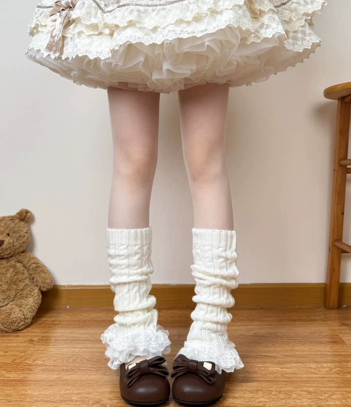 Fantasy Doll - Bowed Lace Layers - Knit Mid-Calf Leg Warmers with Lace Ruffles and Bows