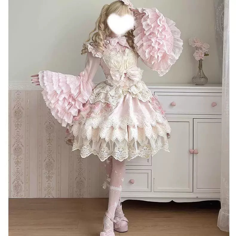 Sweetheart Dream Machine - Lace Bow - Long-Sleeve Blouse with Tiered Lace-Ruffle Sleeves