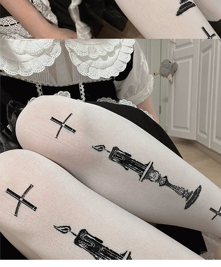 roji roji - Prayer Candle - 80D Printed Tights with Cross and Candle Motifs