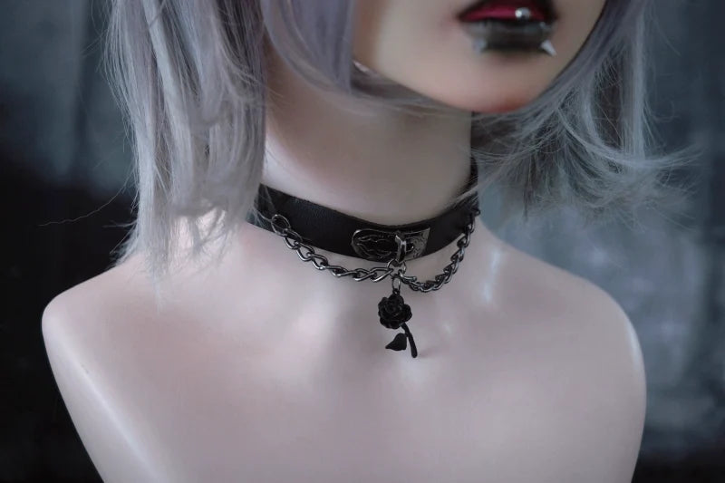 Strange Sugar - Gothic Lolita Choker Faux Leather - Rose Pendant Necklace Neckwear