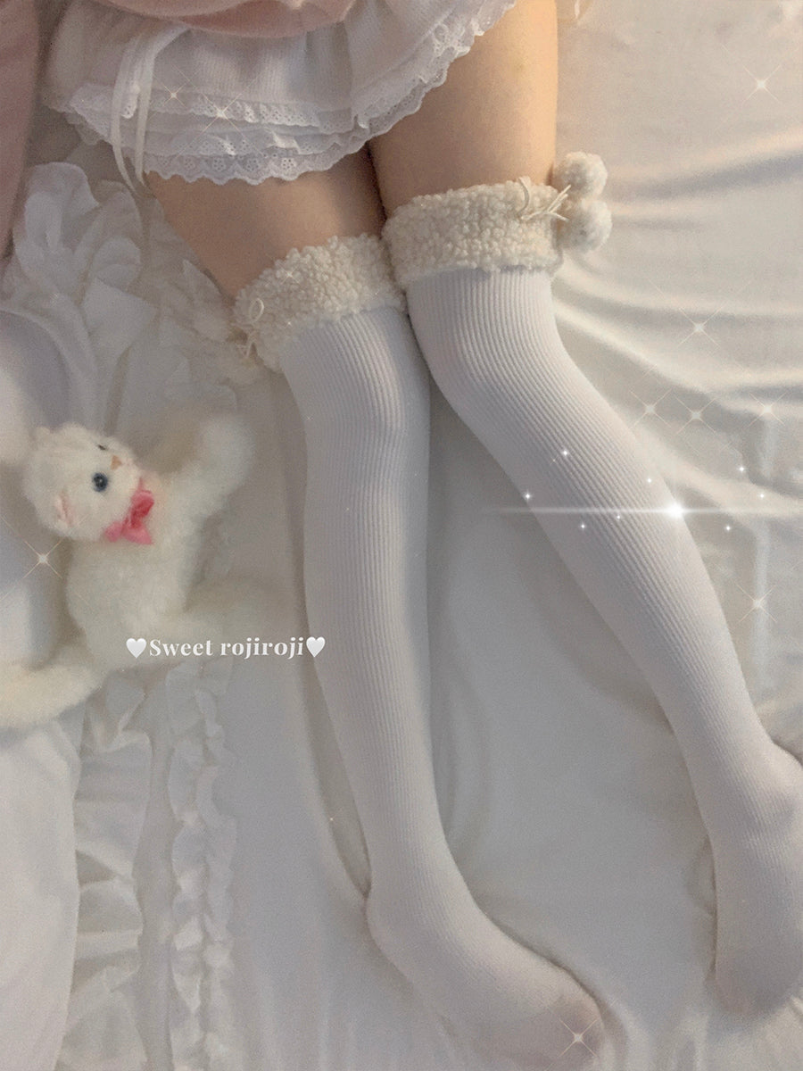 Roji Roji - Winter Fuzzy Ball Lolita Socks Over - Knee Thick Socks Socks