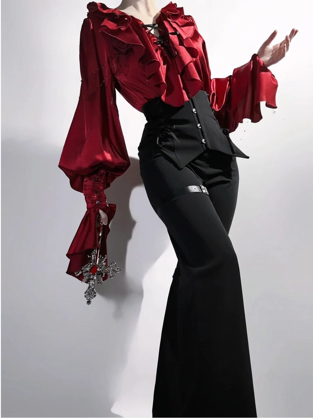 Gothic Lolita red backless V-neck blouse and black high-waisted flared trousers set, rear view