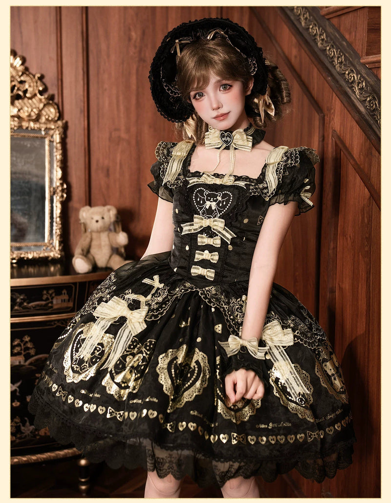 Alice Girl - Brown Sugar Bear - Old School Lolita OP & Halter Dress, Bear Print