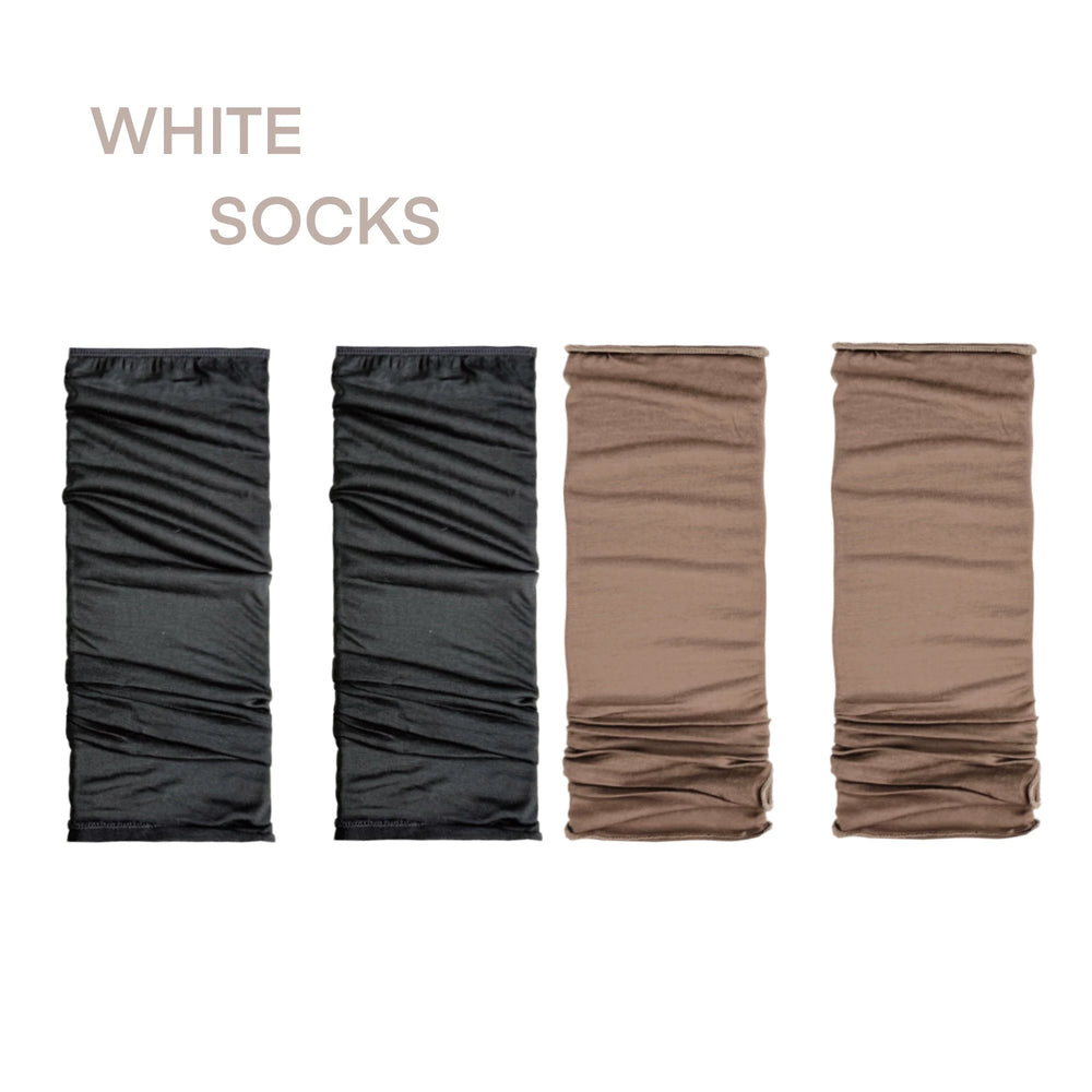 Charcoal gray and light coffee stirrup slouch socks shown on a white background.