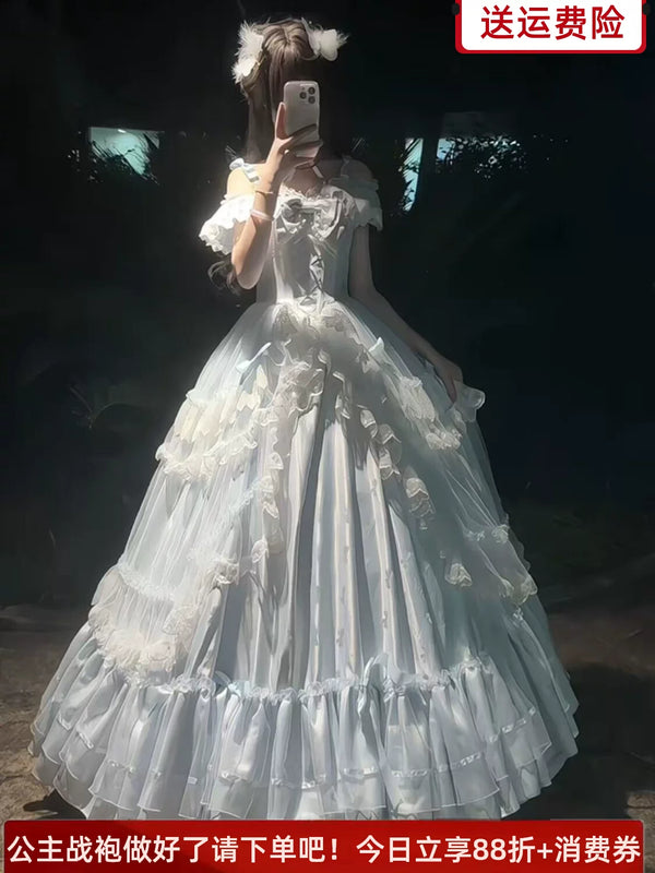 Emoji Dream blue Lolita ball gown with off-the-shoulder ruffled sleeves and tiered skirt
