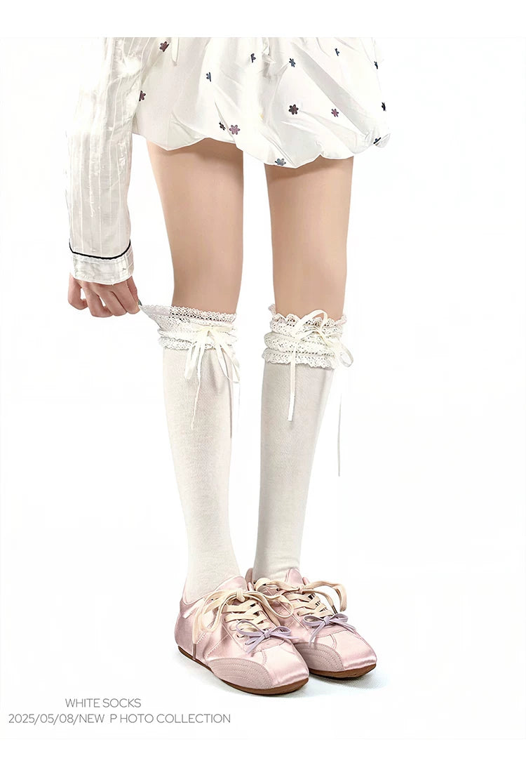 White Socks - Ribbon Ballet - Lace-Trim Slouch Socks with Ribbon Ties