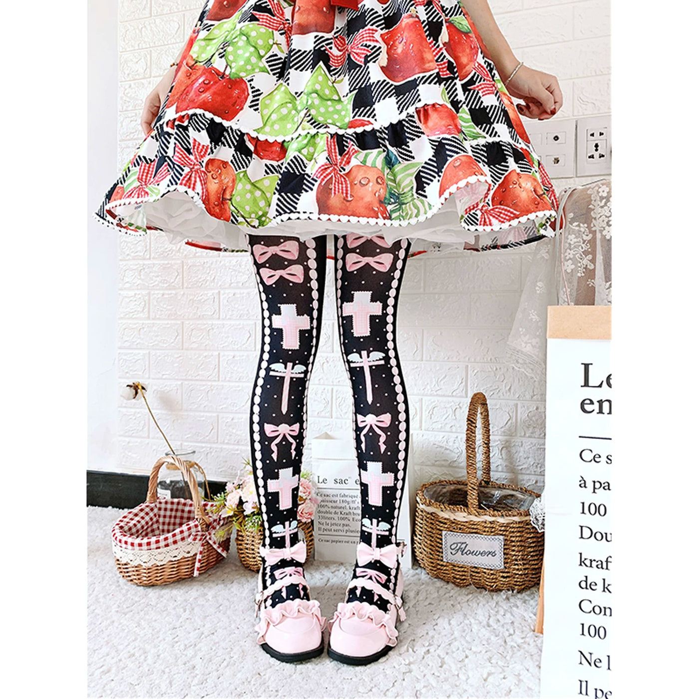 roji roji - Sweet Redemption - Printed Velvet Over-the-Knee Socks with Bow and Cross Motifs