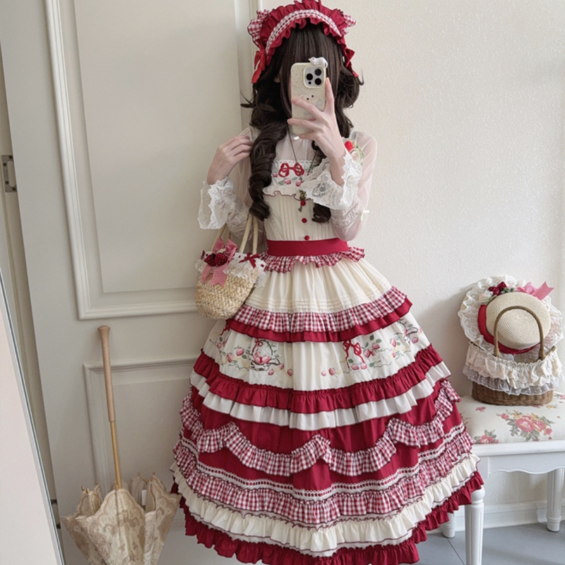Lady Han Strawberry Basket Sweet JSK Dress by Lolita Fetch, featuring a charming strawberry print and delicate lace details.