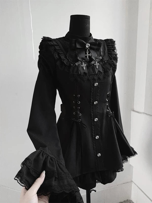 Creamy - Noir Lace - OP set with flared cuffs and a lace-trimmed bib