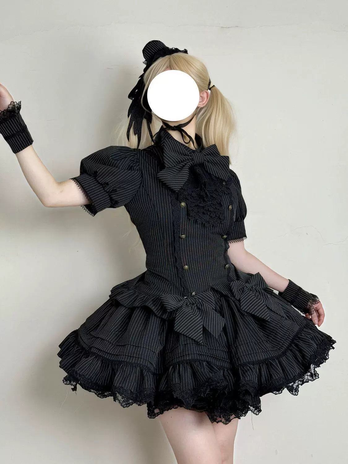 Sweetheart Dream Machine - Phantom Doll Stripe - Gothic Lolita Set with Short-Sleeve Pinstripe Top