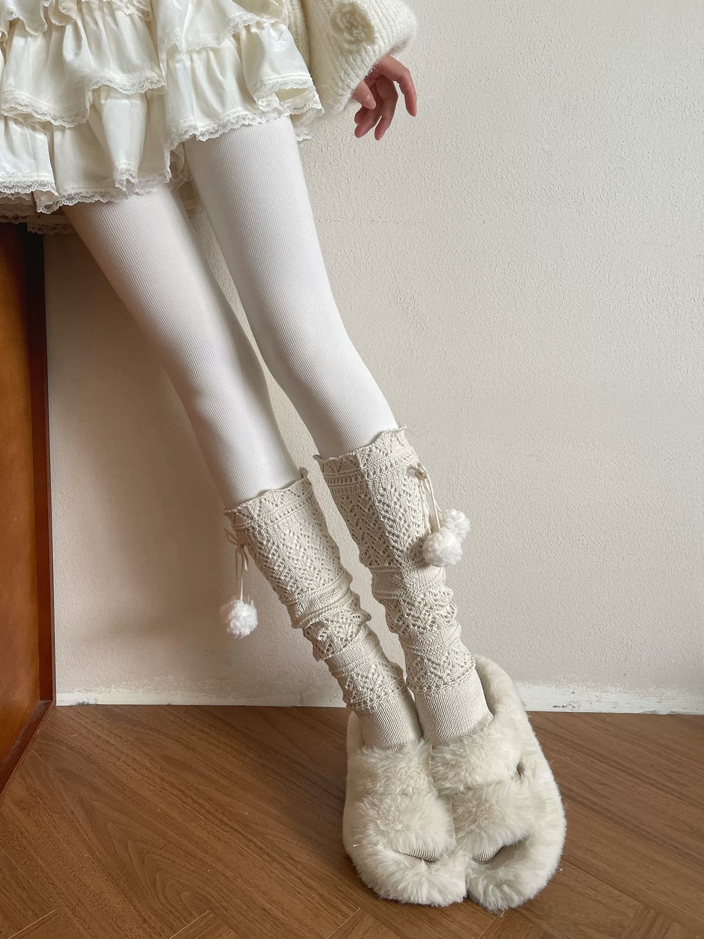 Sock Noble - Knit Openwork - Mid-Calf Slouch Socks with Pom-Poms