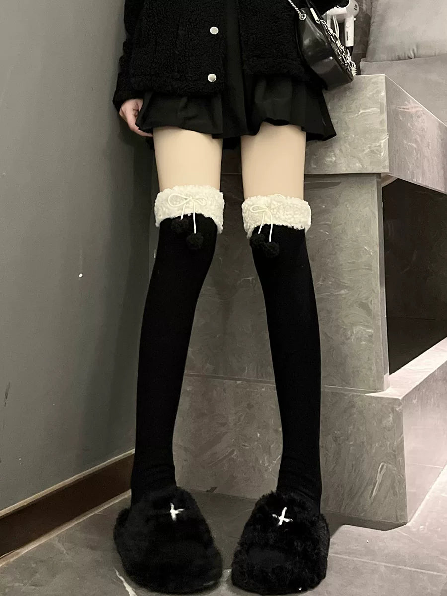 Floral Milk Cat - Winter Pom-Pom - Plush-Trim Thigh-High Socks with Pom-Pom Details
