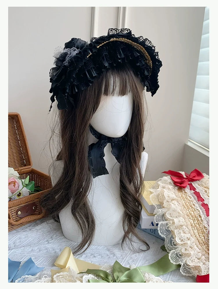With PUJI - Floral Language - Country Lolita Lace Bow Flat Cap Straw Hat