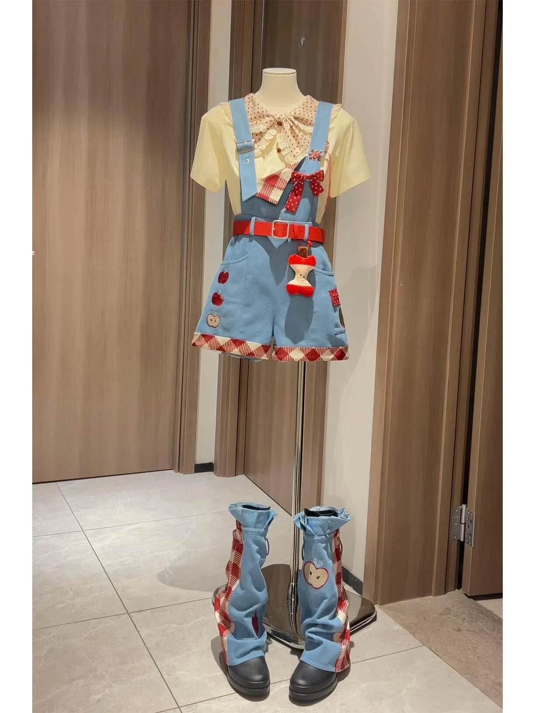 Light blue apple-themed JSK set with puff-sleeve shirt and matching leg warmers
