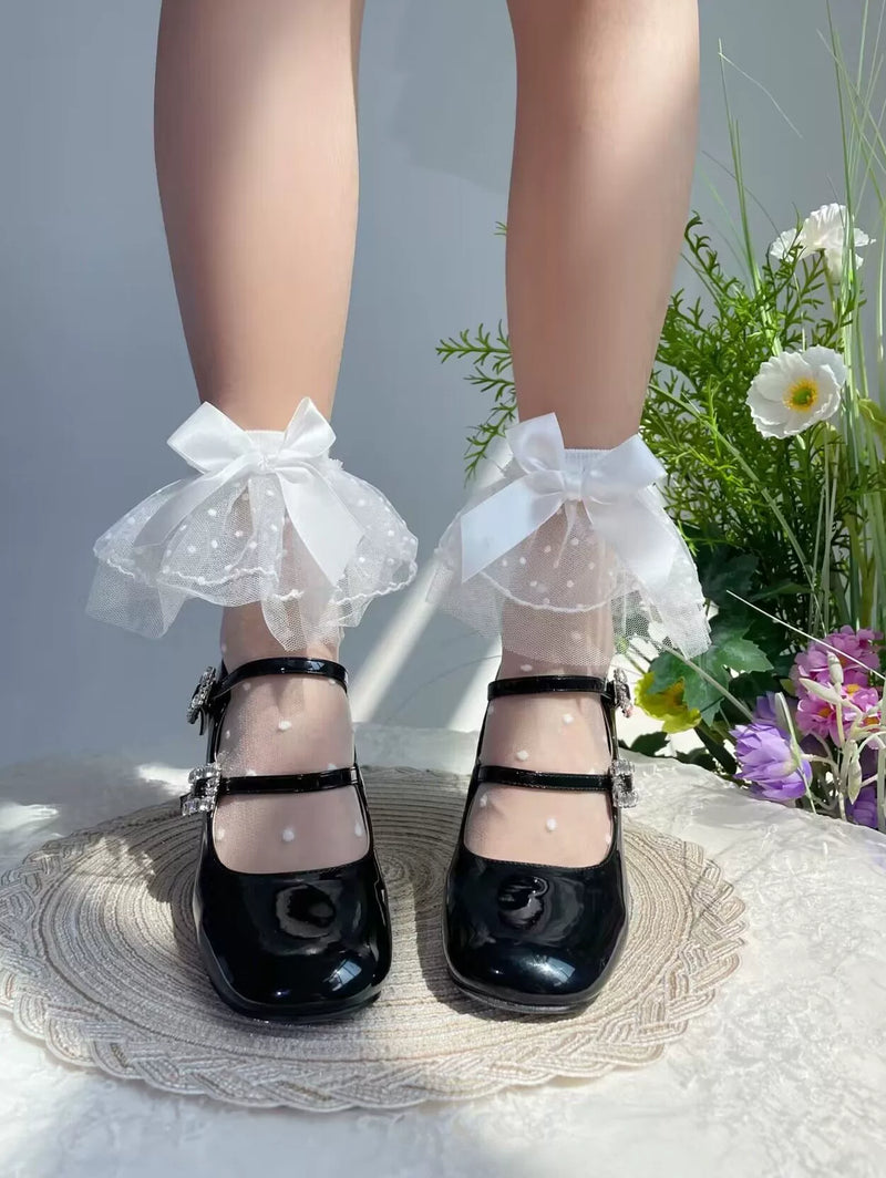 Fantasy Doll - Polka-Dot Bow - Lace-Trimmed Mid-Calf Socks