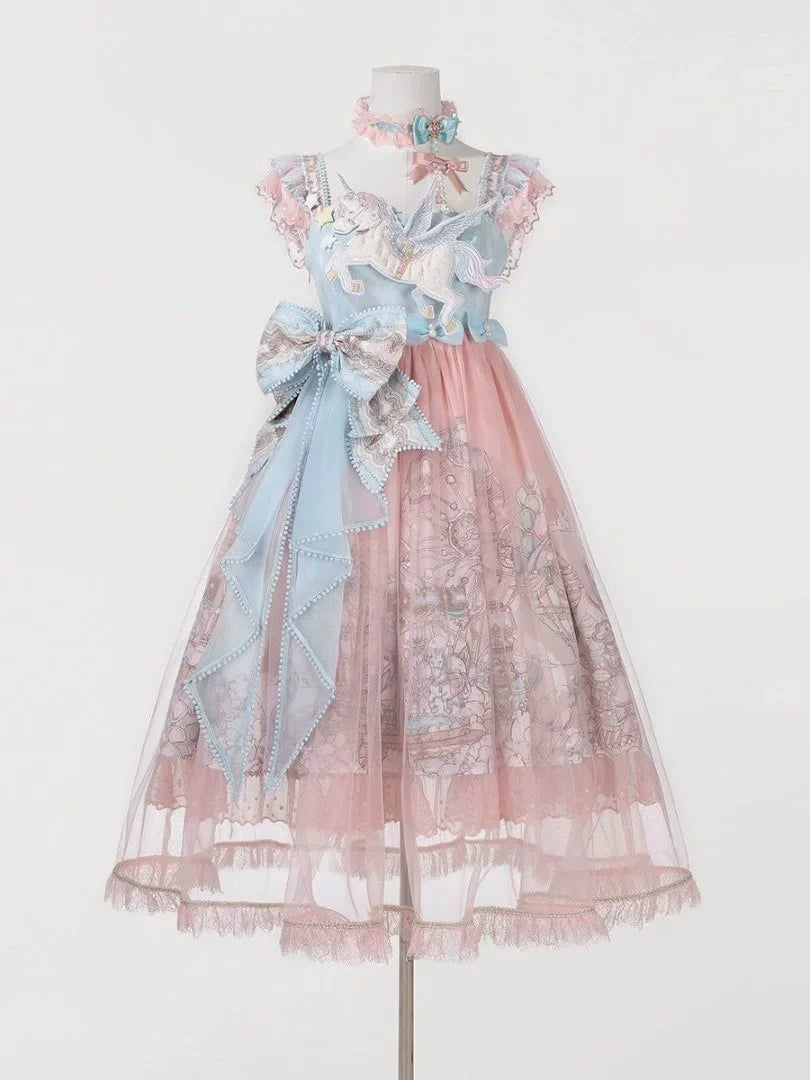 Designer's Gift - CloudPlay - Pastel Sweet Lolita JSK dress with carousel print and detachable waist bows - product detail 2