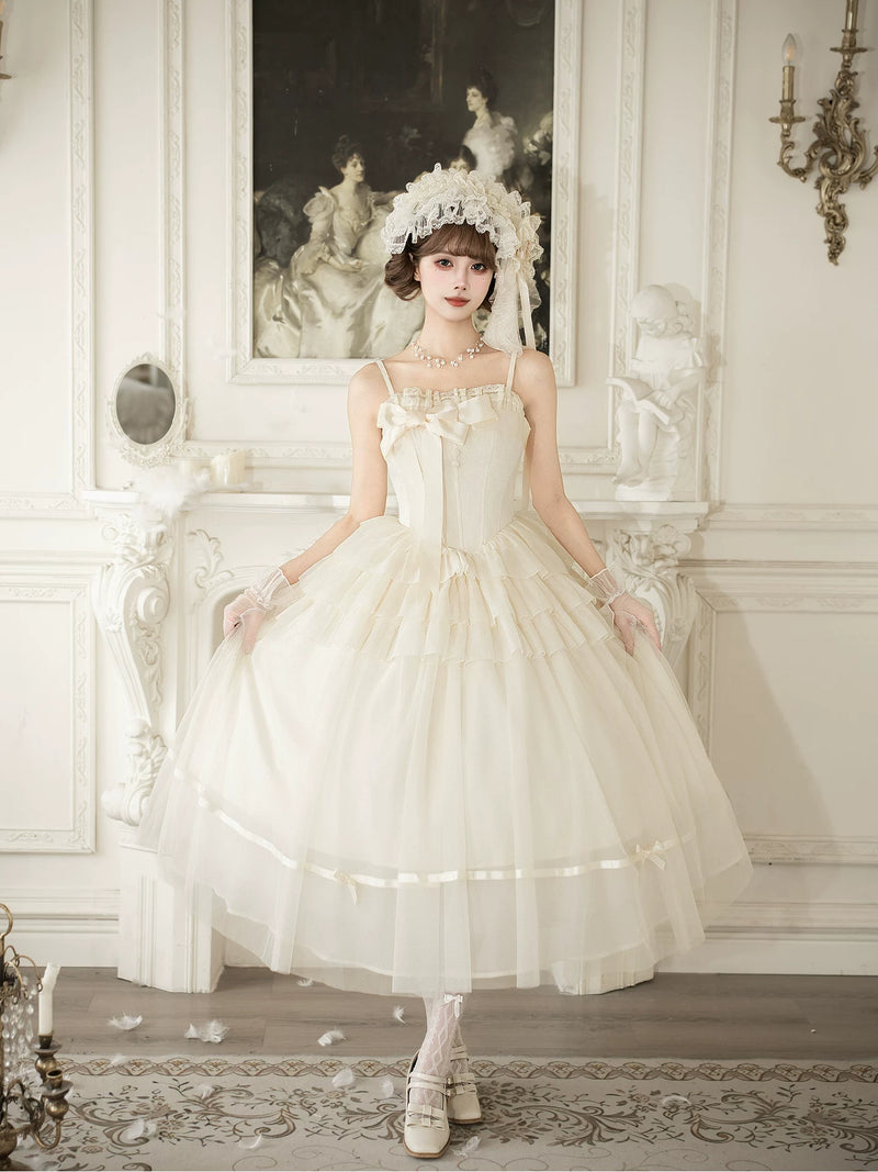 With PUJI - MistKiss Lily - Classic Lolita Tiered Hem JSK Dress, Fishbone Waist detail view 3