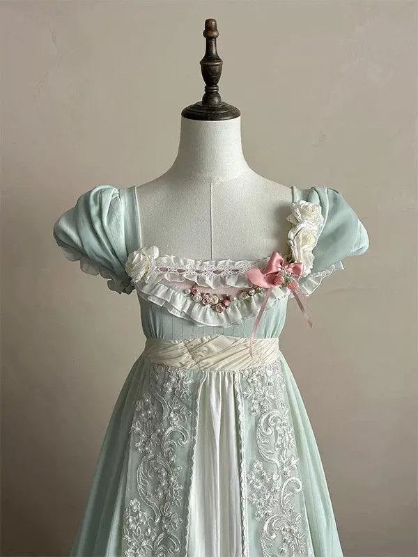 Creamy - Forest Empire - Green One-Piece Dress with Lace-Trimmed Panels