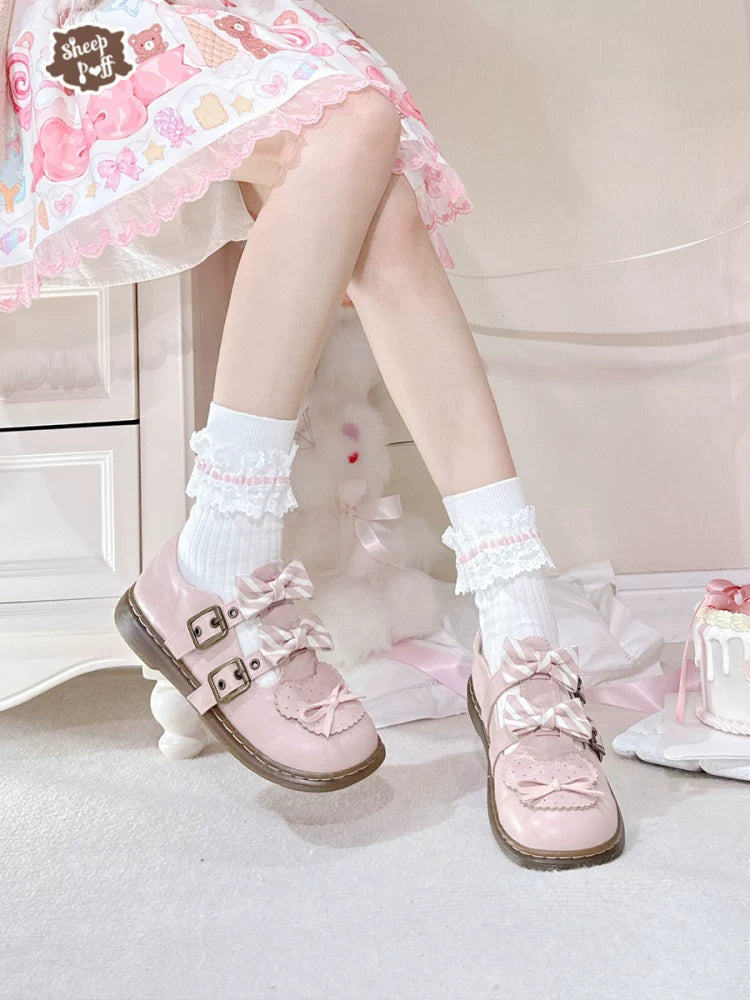 Sheep Puff Bear Sniper low heel Lolita shoes featuring cute sheep puff and bear details in a stylish, feminine design.