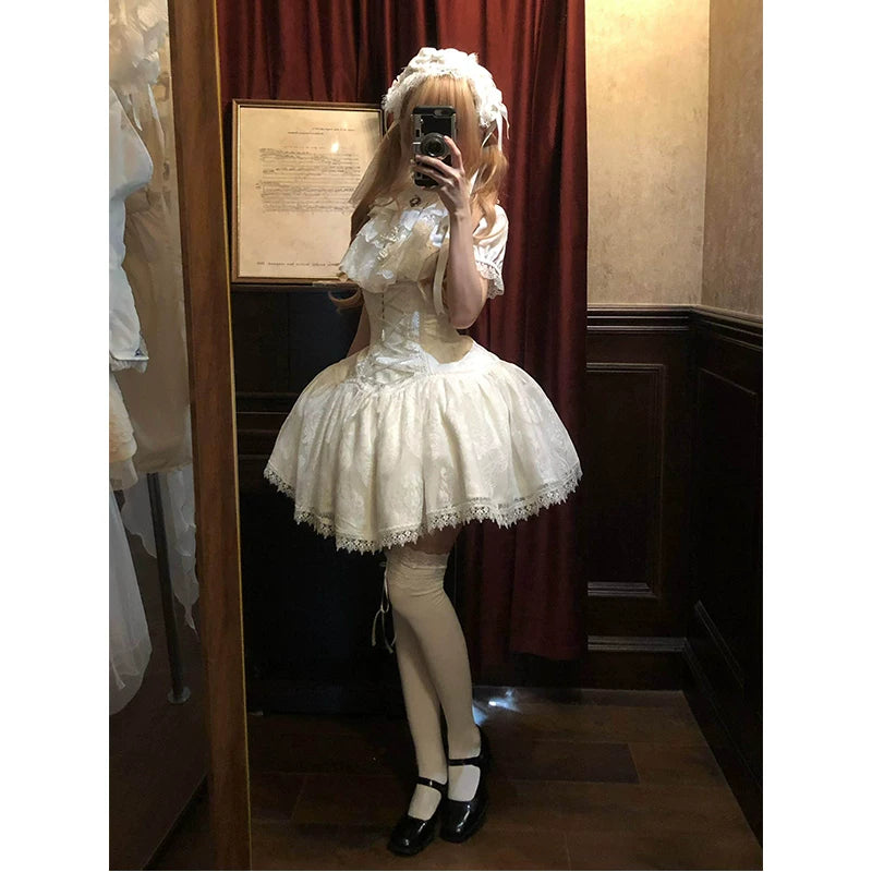 Creamy - White Gothic - Blouse Set with Bib and Short Skirt
