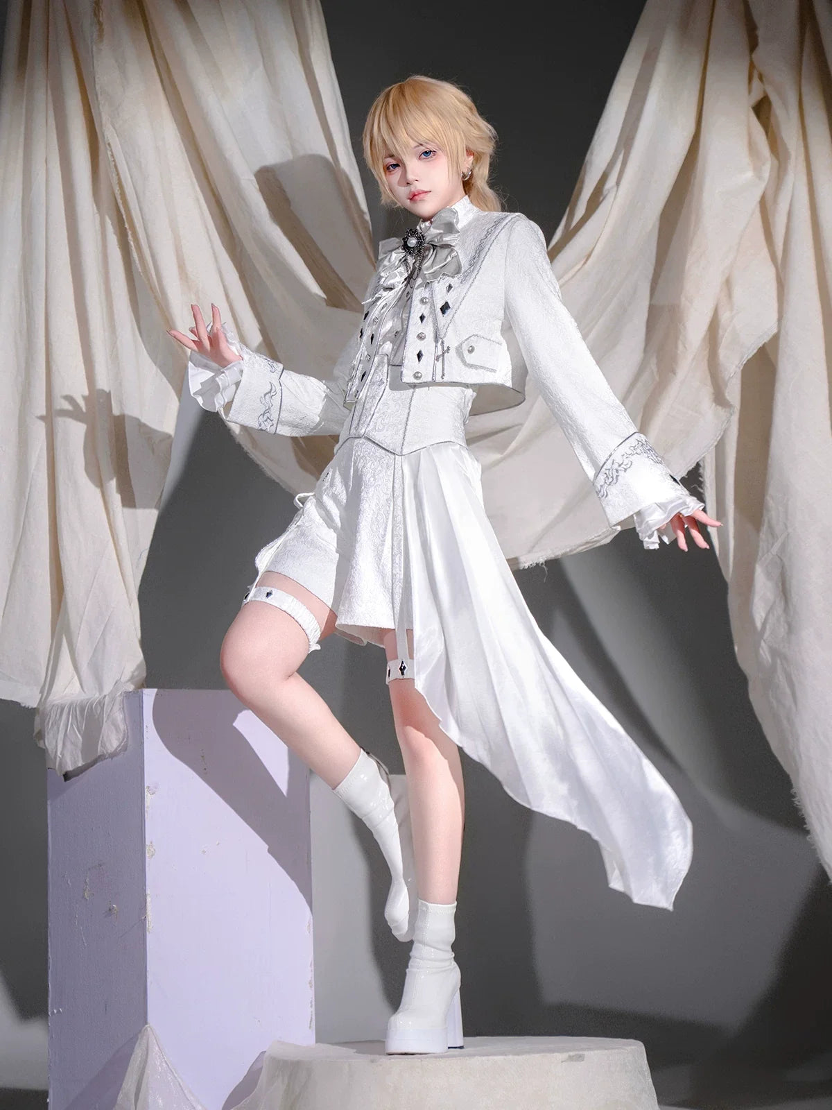 Letters from Unknown Star - Silver Covenant - White Ouji Lolita Embroidery Coat and Shorts Set with Cross