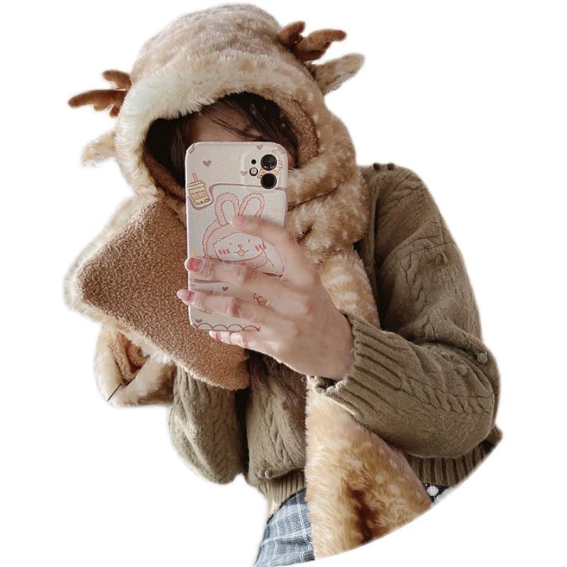 Xiaogui - Winter Kawaii Lolita Hat Antler - Plush 3-in-1 Set Headwear