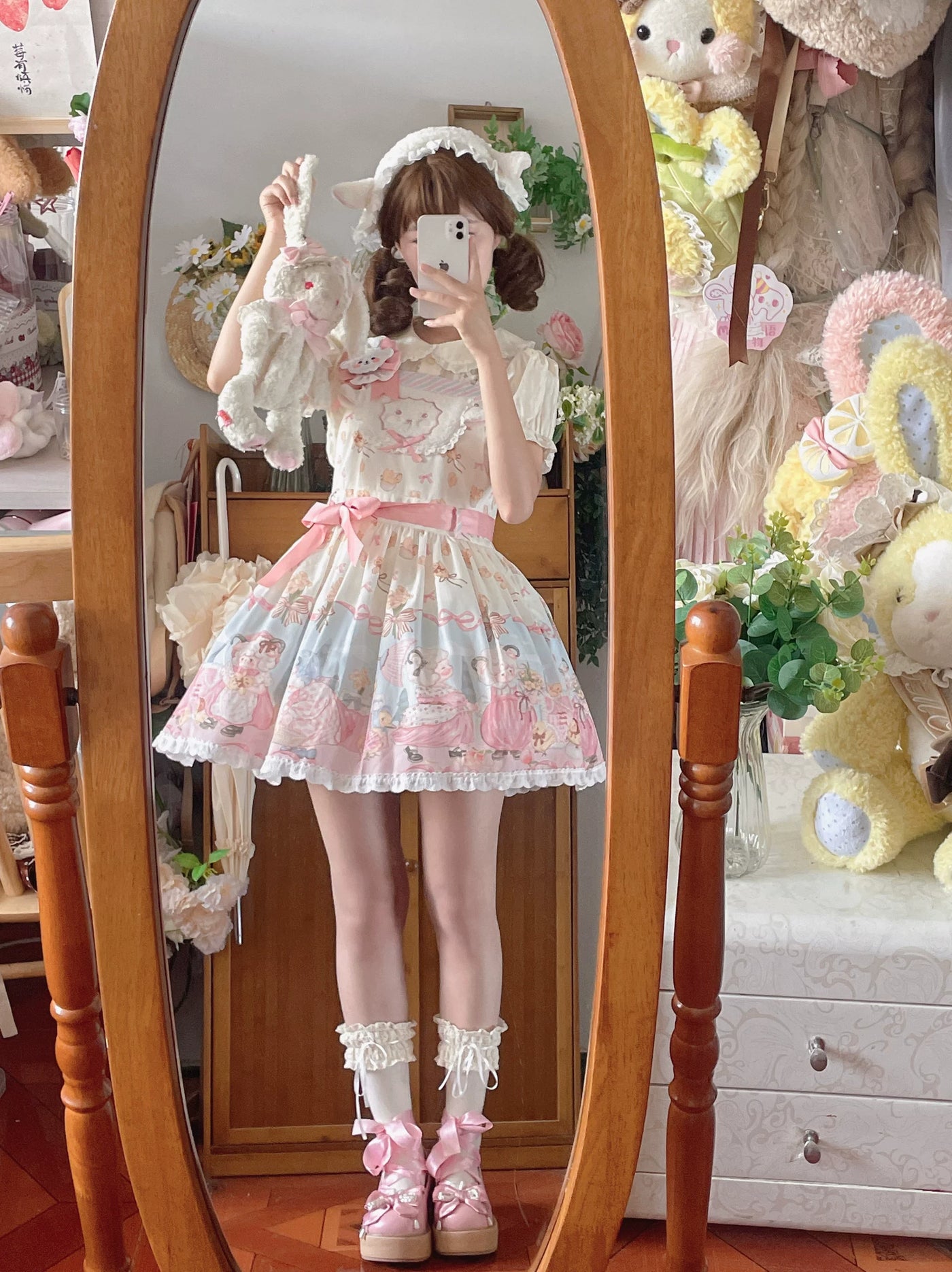 Cat Upon Cat - Sheep Waltz - Printed JSK with a Lace-Trimmed Hem