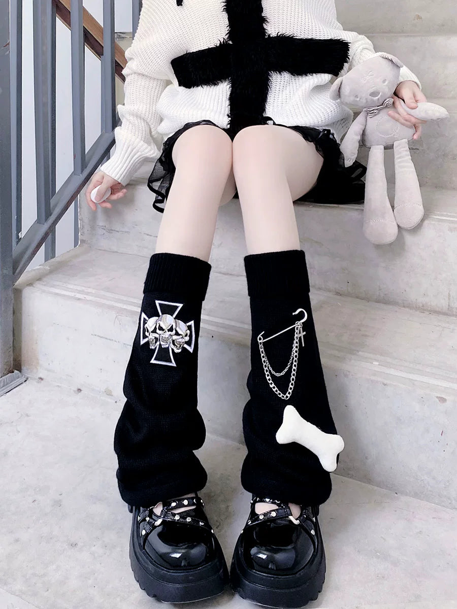 Floral Milk Cat - Chain Bone - Black slouch calf socks with chain and bone details