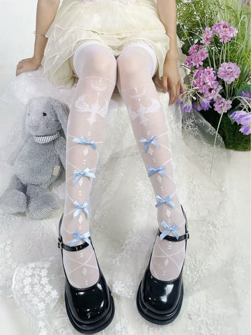 Fantasy Doll - Blue Ribbon Cross - Sheer Bow-Motif Over-the-Knee Stockings