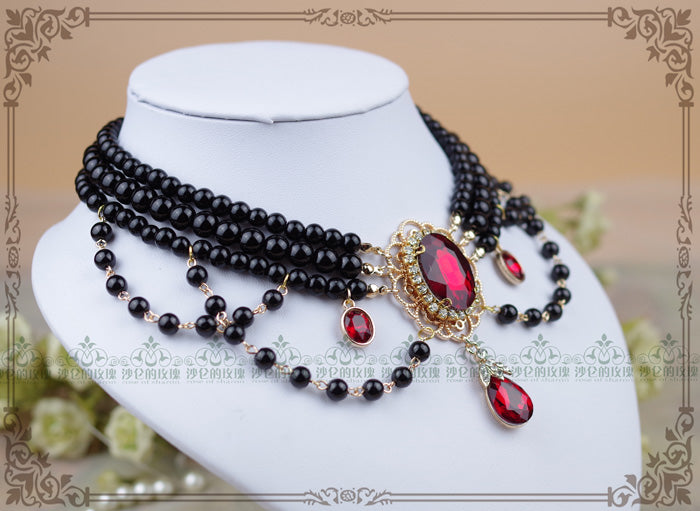 Rose of Sharon - Customized Lolita Pearl Necklace - with Gemstone Pendants Neckwear