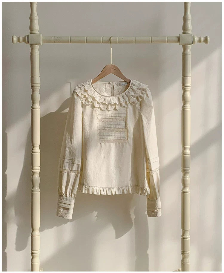 With PUJI - Jennie - Sweet Lolita Cotton Shirt, Ruffled Round Collar