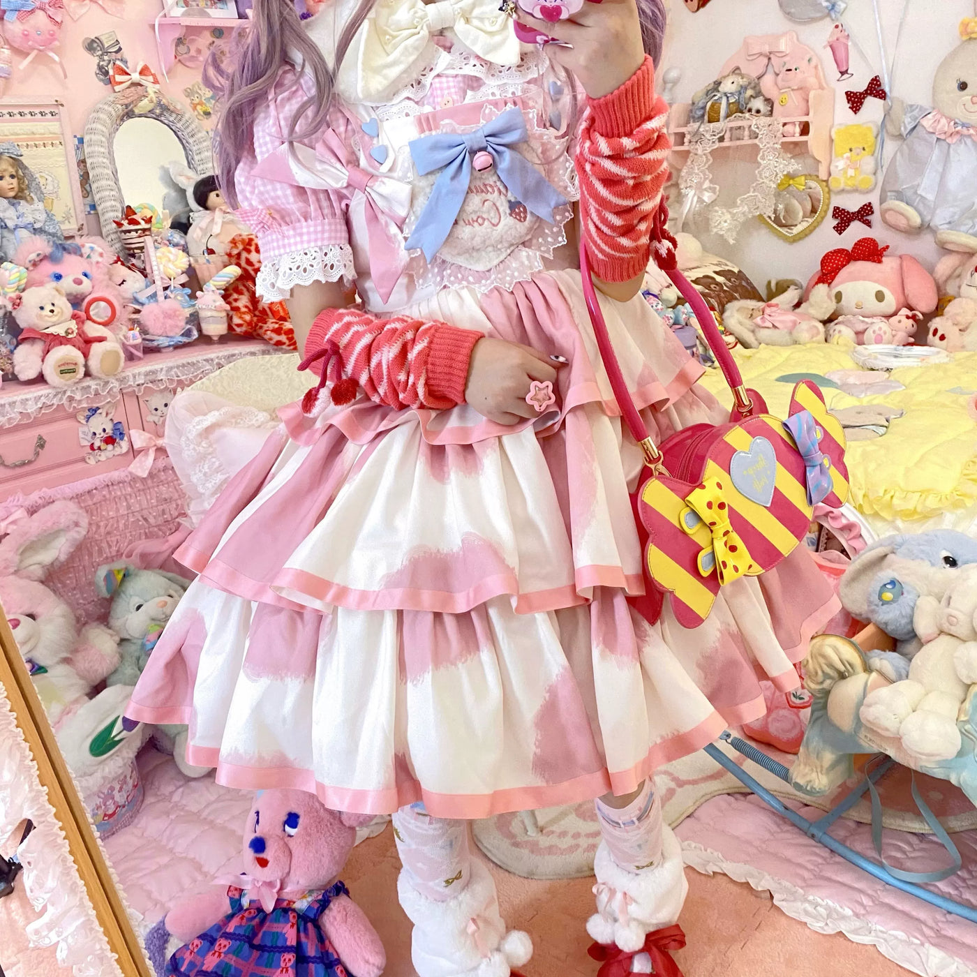 Tata Long Ear - Milk Cake Cow Print - Cow-Print JSK Dress with Three-Section Skirt