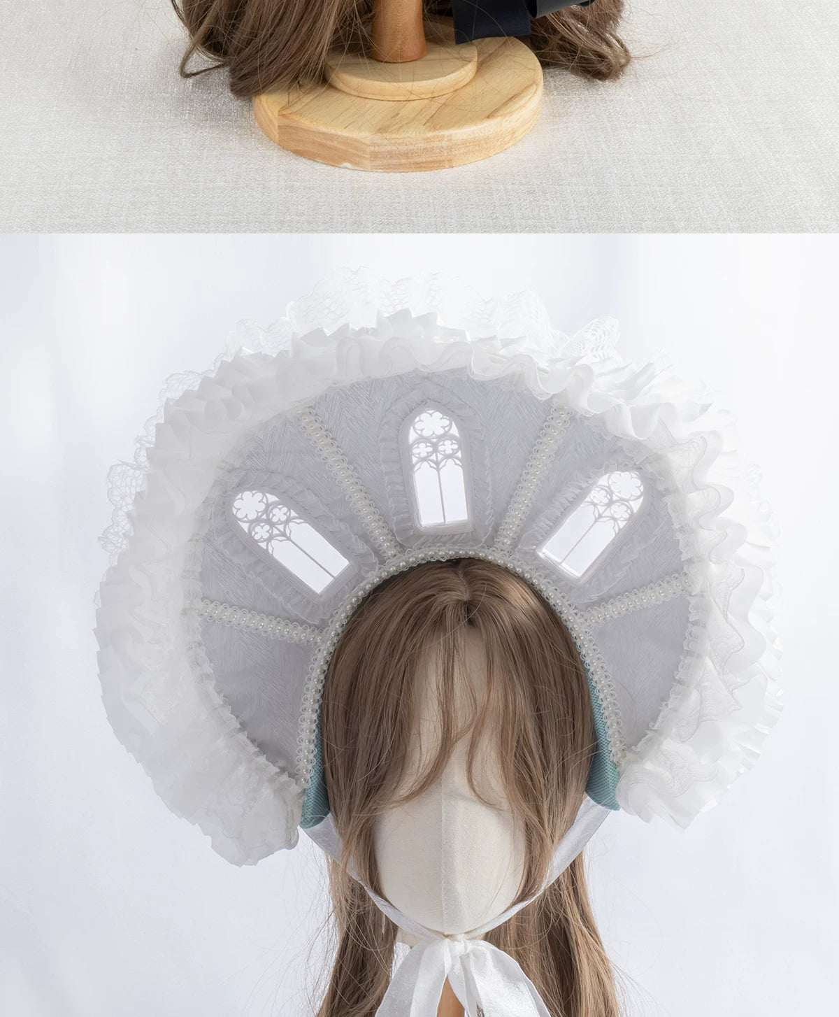 Lightbound Narrative Gothic Lolita bonnet with black lace, bead fringe and cross motifs