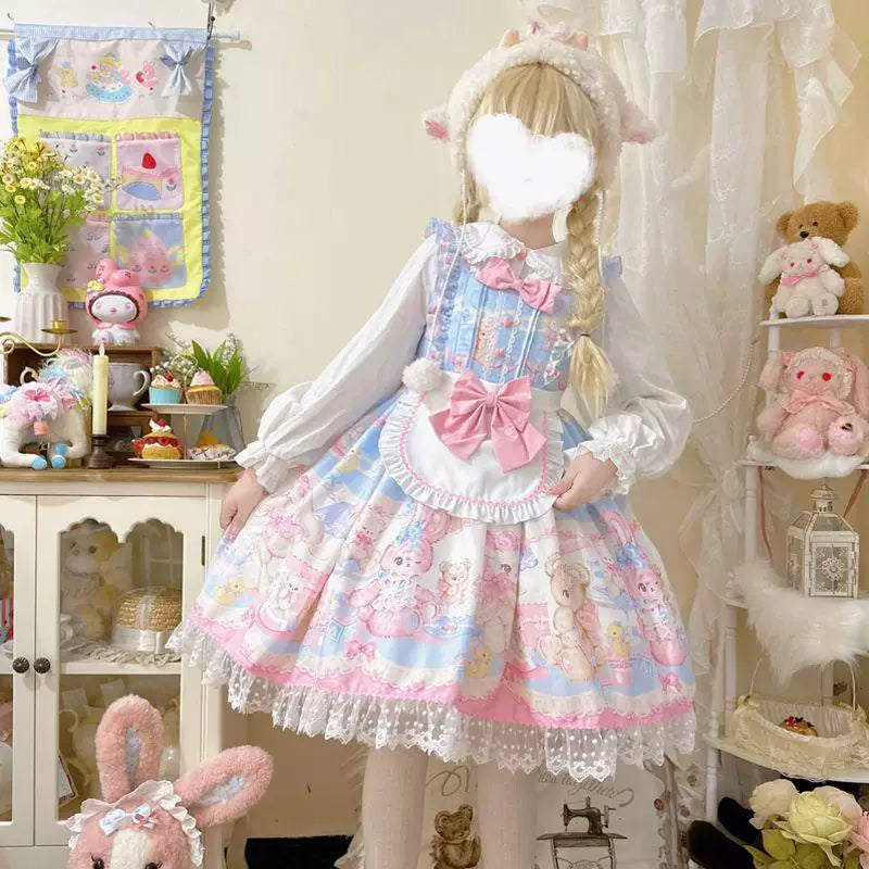 Sweetheart Dream Machine - Heart Rabbit Bear - JSK with a rabbit-and-bear print and ruffled bib