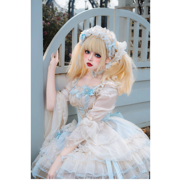Zhijinyuan Shimmering Gift Box Ribbon JSK — Blue Shimmering Gift Box JSK styled on a model