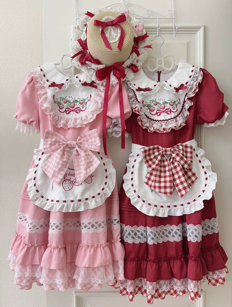 Sugar Girl - Strawberry Tea - Sweet Red Lolita OP Dress Short Sleeve Apron Dress