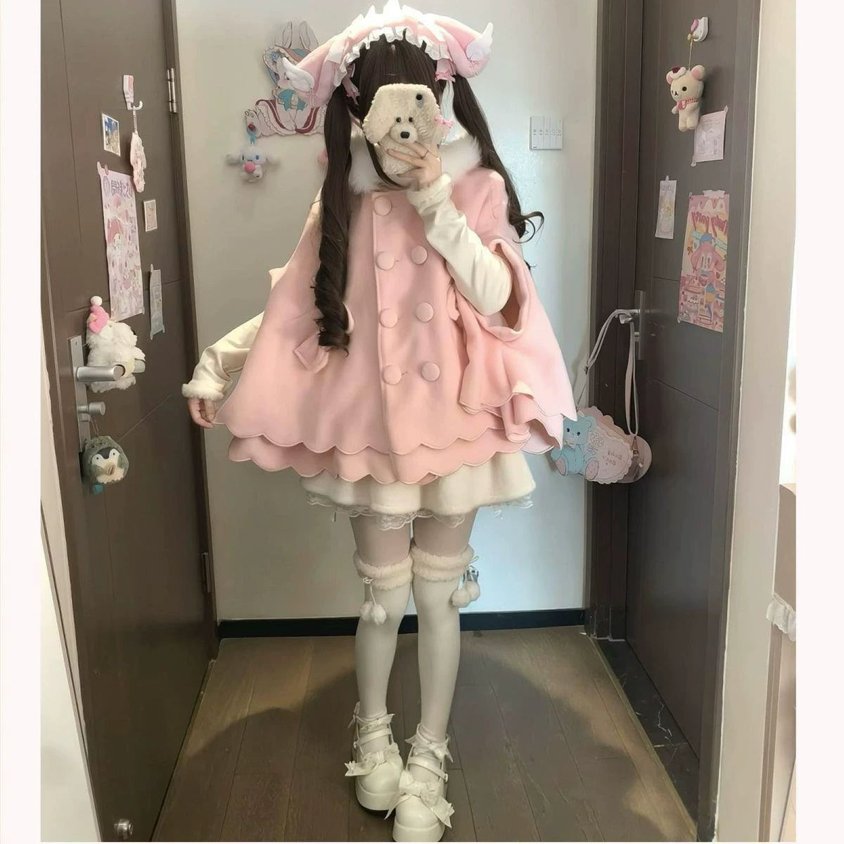 Sweetheart Dream Machine - Scalloped Plush Cape - Coat with Batwing Sleeves and Scalloped Hem
