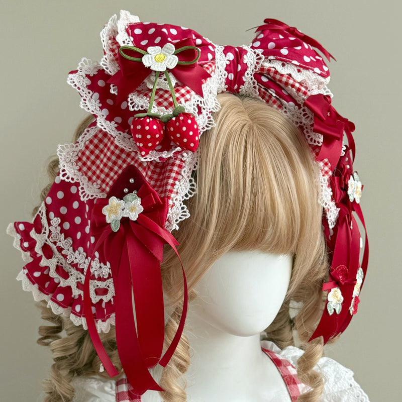 Her Vintage Society Strawberry Garden Red Riding Hood — No. 1 Red Strawberry Oversized Wired Headbow + Hair Clips