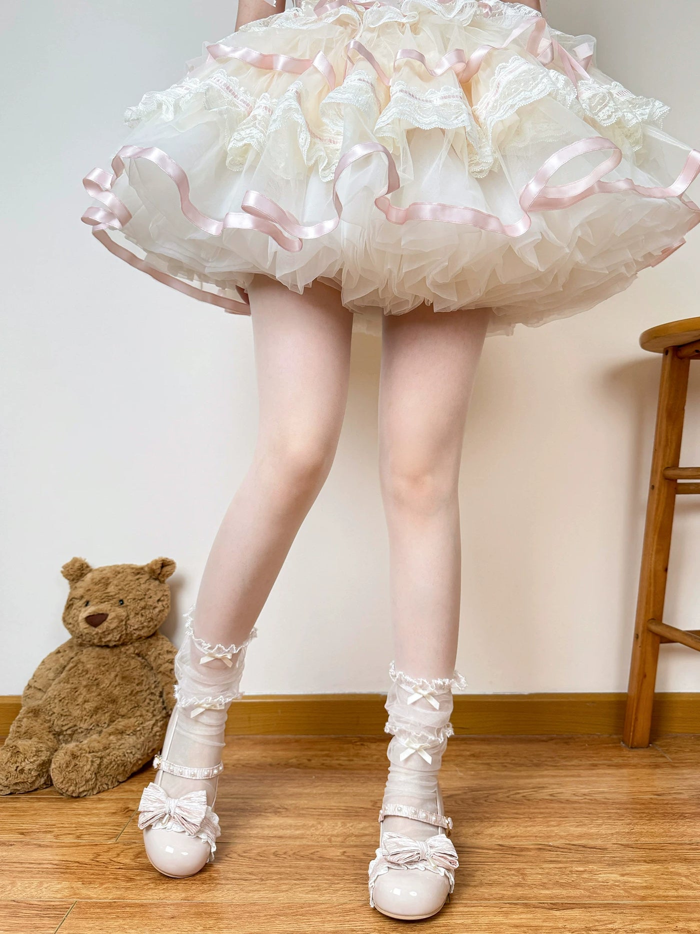 Chubby Bear Tales - Ballet Mesh Bow - Sheer Mesh Mid-Calf Socks with Ruffle Trim