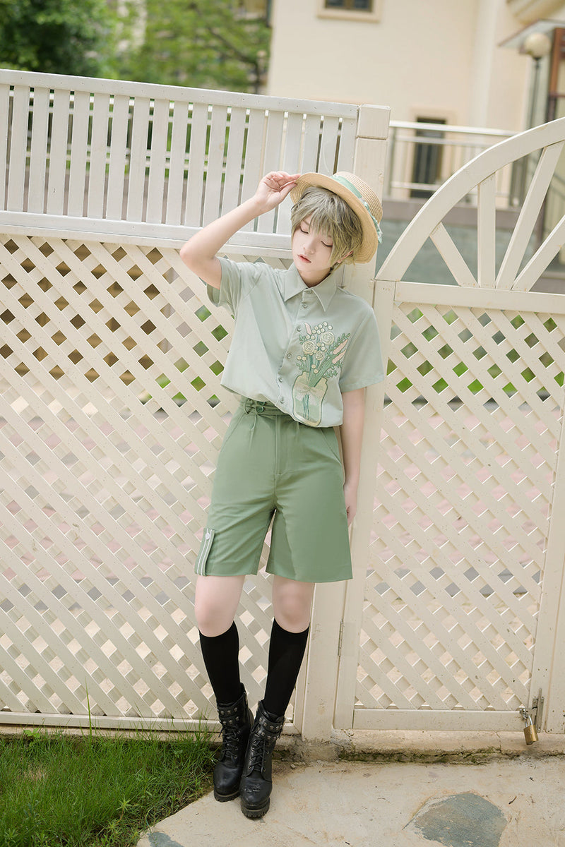 Princess Chronicles - Limited Flowering Time - Retro Green Flower Embroidery Shirt